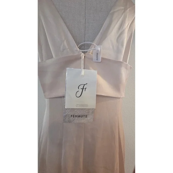 FEHAUTE Light Pink Satin V-Neck Sleeveless Maxi Dress with Side Slit Size 8